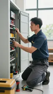 Maintenance Worker Maintaining Building Systems In In A Commercial Building