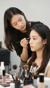Makeup Artist Applying Professional Makeup To In A Wig Styling Workshop At