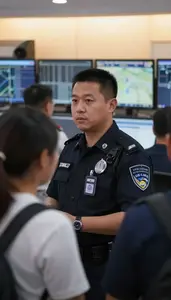 Mall Security Officer Managing Crowd Control At In A Security Control Room With