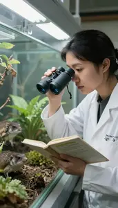 Marine Biologist Observing Animal Behavior In In A Forest Ecosystem Study Area