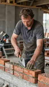 Mason Laying Bricks With Mortar In A Concrete Pouring Site At Work Today