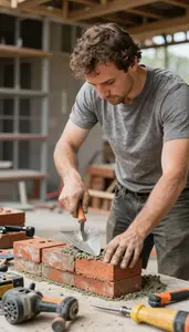 Mason Laying Bricks With Mortar At An Outdoor Construction Site In Professional