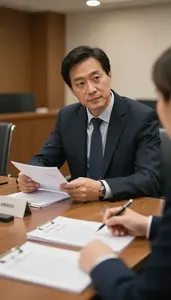 Mediator Arbitrating A Business Conflict In An Arbitration Hearing Room In