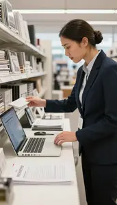 Merchandiser Arranging Merchandise Displays In At A Customer Service Desk In