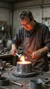 Metal Sculptor Casting Molten Metal In In A Glass Blowing Foundry At