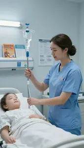 Midwife Administering An Iv Drip In A Chemotherapy Infusion Room In Professional