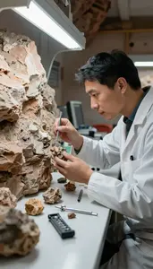 Mineralogist Examining Rock Formations In In A Geological Field Study Site At