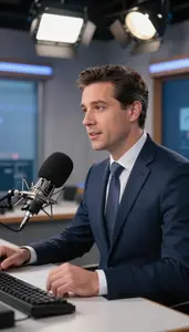 Music Critic Anchoring A News Broadcast In A Television News Studio At Work