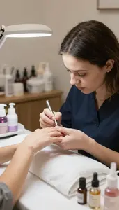 Nail Technician Manicuring A Client Nails In A Nail Salon Manicure Station In