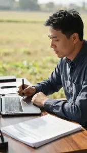 Novelist Writing A Screenplay At In A News Interview Location At Professional