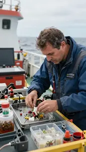 Oceanographer Collecting Ocean Samples On On A Marine Research Vessel At Work