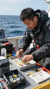 Oceanographer Collecting Ocean Samples On On Open Ocean Sailing Waters At Work