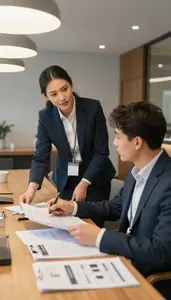 Office Manager Mentoring A Junior Colleague In A Restaurant Private Dining Room