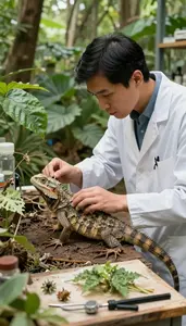 Ornithologist Examining Reptiles In A In An Animal Behavior Research Site In