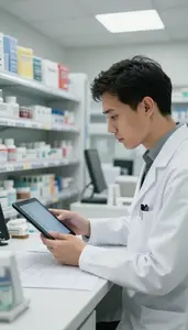 Orthodontist Consulting Medical Records On In A Pharmacy Dispensing Counter Area