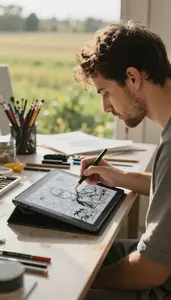 Painter Creating Digital Art On In A Comic Art Drawing Studio In Professional