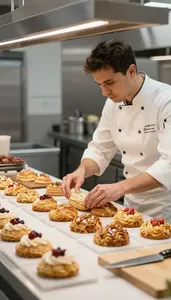 Pastry Chef Arranging Pastries On A In A Pastry Kitchen Display Area At