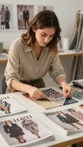Pattern Maker Selecting Fabric Swatches For In A Textile Design Atelier In
