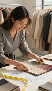 Pattern Maker Selecting Fabric Swatches For In A Fashion Showroom In