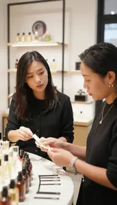 Perfumer Consulting With A Client In A Fragrance Boutique Consultation Area