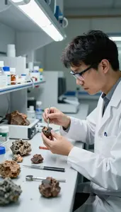 Petrologist Analyzing Mineral Compositions With In A Geological Field Study Site