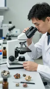 Petrologist Studying Rock Petrology Under In A Petrology Microscopy Lab In