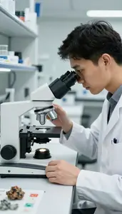 Petrologist Studying Rock Petrology Under In A Petrology Microscopy Lab At Work