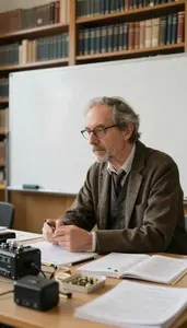 Philosopher Researching Historical Events In In A Philosophy Seminar Room At