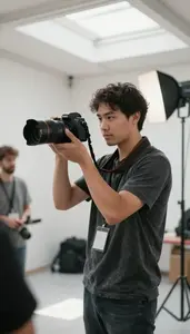 Photojournalist Photographing A News Event In A Fashion Photoshoot Studio At
