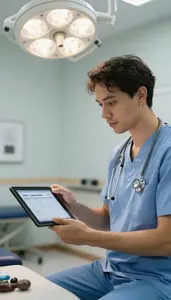 Physical Therapist Consulting Medical Records On In A Speech Therapy Assessment