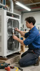 Pipefitter Installing A New Hvac In A Workshop Garage At Work Location
