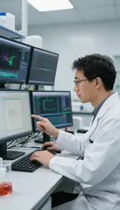 Plasma Physicist Analyzing Particle Collision Data In A Scientific Research