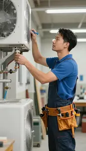 Plumber Installing A New Hvac In A Workshop Garage At Work Today