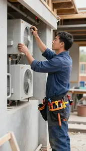 Plumber Installing A New Hvac In A Workshop Garage At Work Location