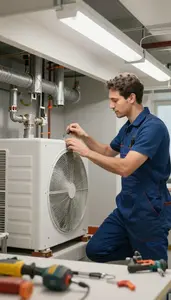 Plumber Installing A New Hvac Inside A Building Mechanical Room At Professional