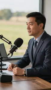 Podcast Host Anchoring A News Broadcast In A Television News Studio In