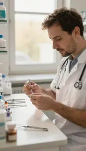 Podiatrist Cleaning And Sterilizing Dental In A Pharmacy Dispensing Counter Area