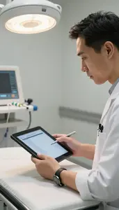 Podiatrist Consulting Medical Records On In A Radiation Therapy Suite At
