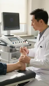 Podiatrist Performing An Ultrasound Scan In A Medical Laboratory Testing Area
