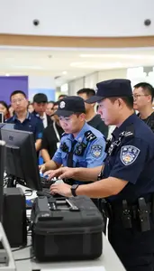 Police Officer Managing Crowd Control At In A Mall Security Monitoring Office