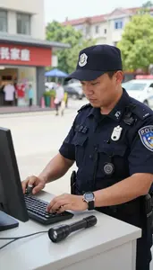 Police Officer Monitoring A Shopping Mall On A Residential Neighborhood Patrol