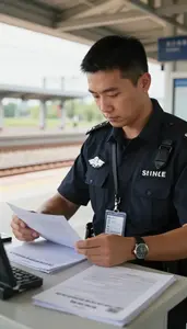 Port Security Officer Inspecting Immigration Documents At At A Transit Rail