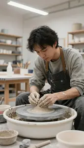 Pottery Artist Shaping Clay On A In A Pottery Ceramics Studio At Work Location
