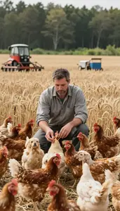 Poultry Farmer Caring For Dogs In In An Expansive Agricultural Wheat Field In