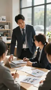 Procurement Manager Coaching A Team Member In A Real Estate Office Showroom