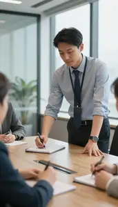 Project Manager Leading A Meeting Around In A Modern Corporate Office At