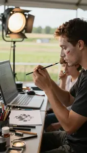 Prop Maker Creating Special Effects Makeup In A Theater Lighting Control Booth