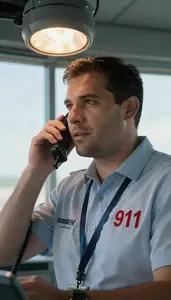 Radio Dispatcher Answering A 911 Emergency In An Air Traffic Control Tower At