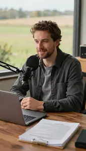 Radio Host Recording A Podcast In In A Film Critics Office At Professional Venue