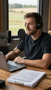 Radio Host Recording A Podcast In In A Podcast Recording Studio In Daily Work